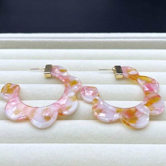 Yellow Gold with Gold and Pink Swirl Acrylic Scallop Hoop Post Back Earrings - Picture 5 of 10